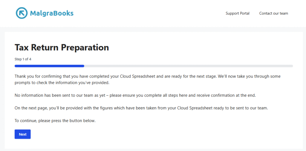 Finalising your figures to MalgraBooks for submission to HMRC Step 1 showing the tax return form on MalgraBooks website