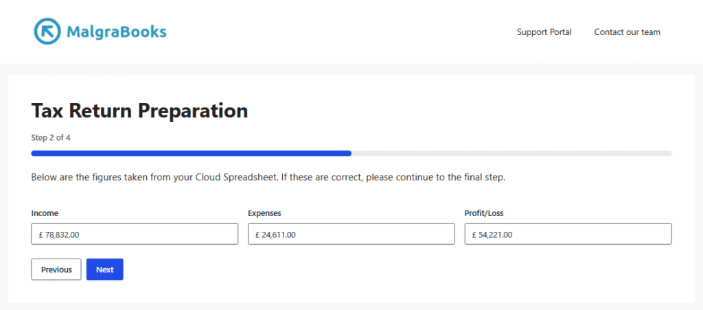 Finalising your figures to MalgraBooks for submission to HMRC Step 2 showing the tax return form on MalgraBooks website
