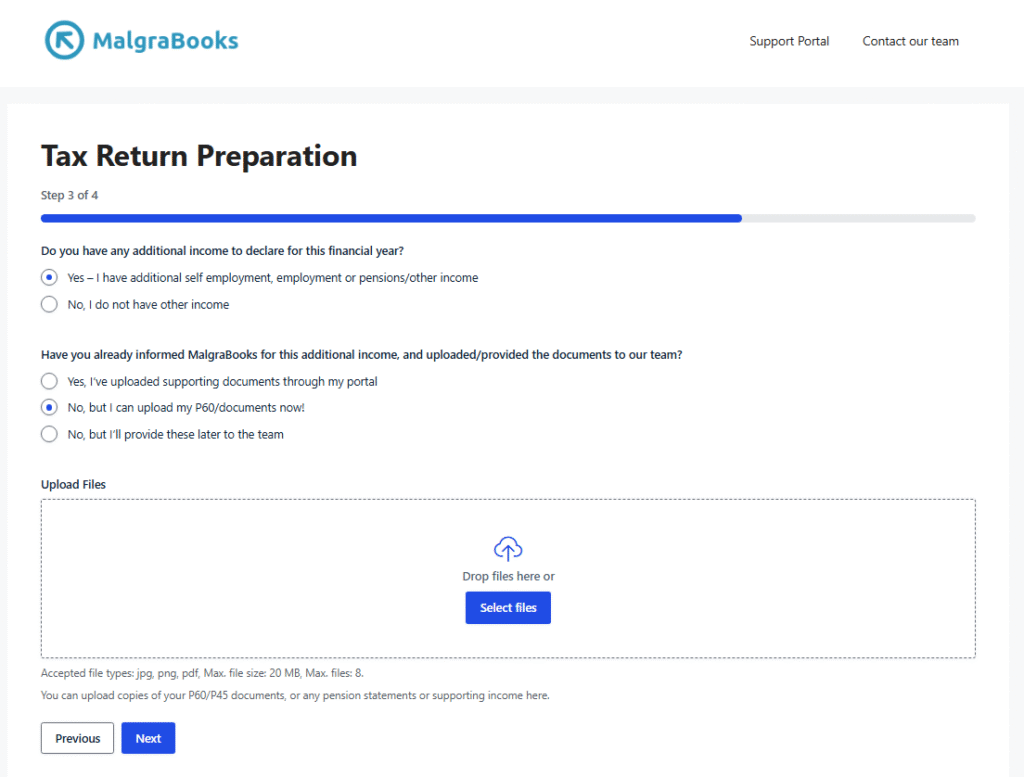 Finalising your figures to MalgraBooks for submission to HMRC Step 3 showing the tax return form on MalgraBooks website
