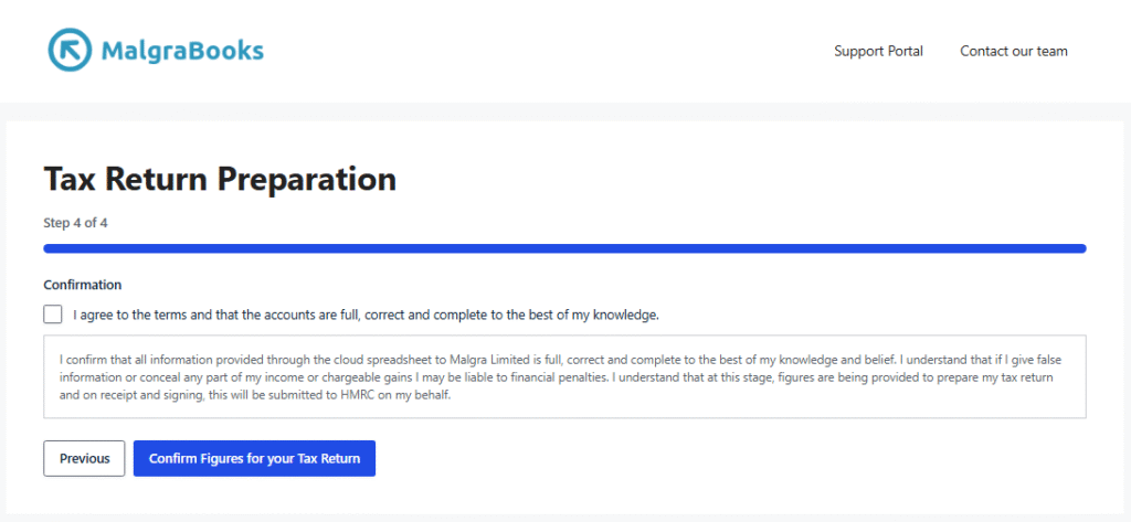 Finalising your figures to MalgraBooks for submission to HMRC Step 4 showing the tax return form on MalgraBooks website