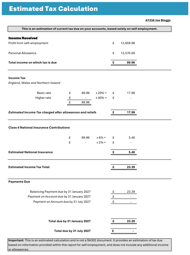 Tax calculation page