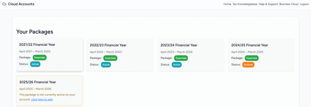 Using your Cloud Accounts System (Essentials Packages) Packages screen