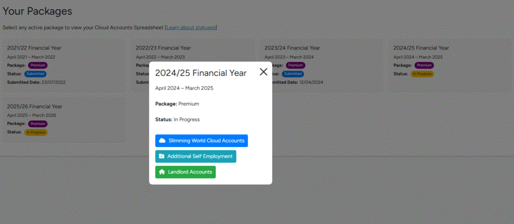 Popup showing the buttons for financial year accounts